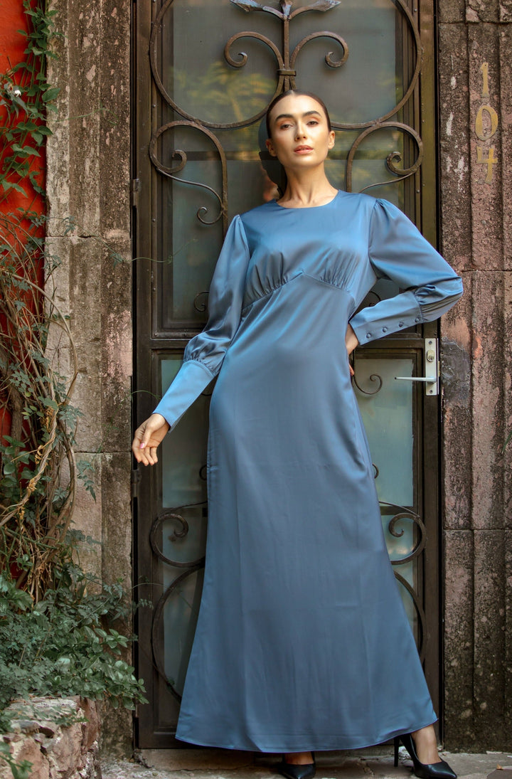 Light Blue Satin Long Sleeve Maxi Dress