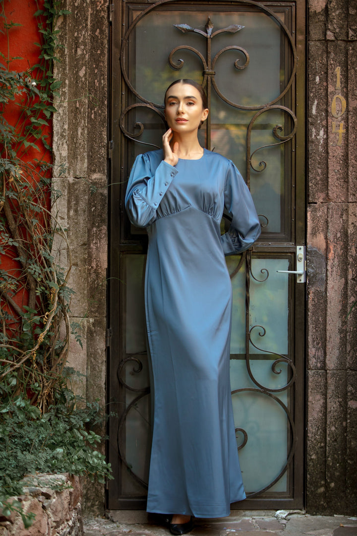 Light Blue Satin Long Sleeve Maxi Dress