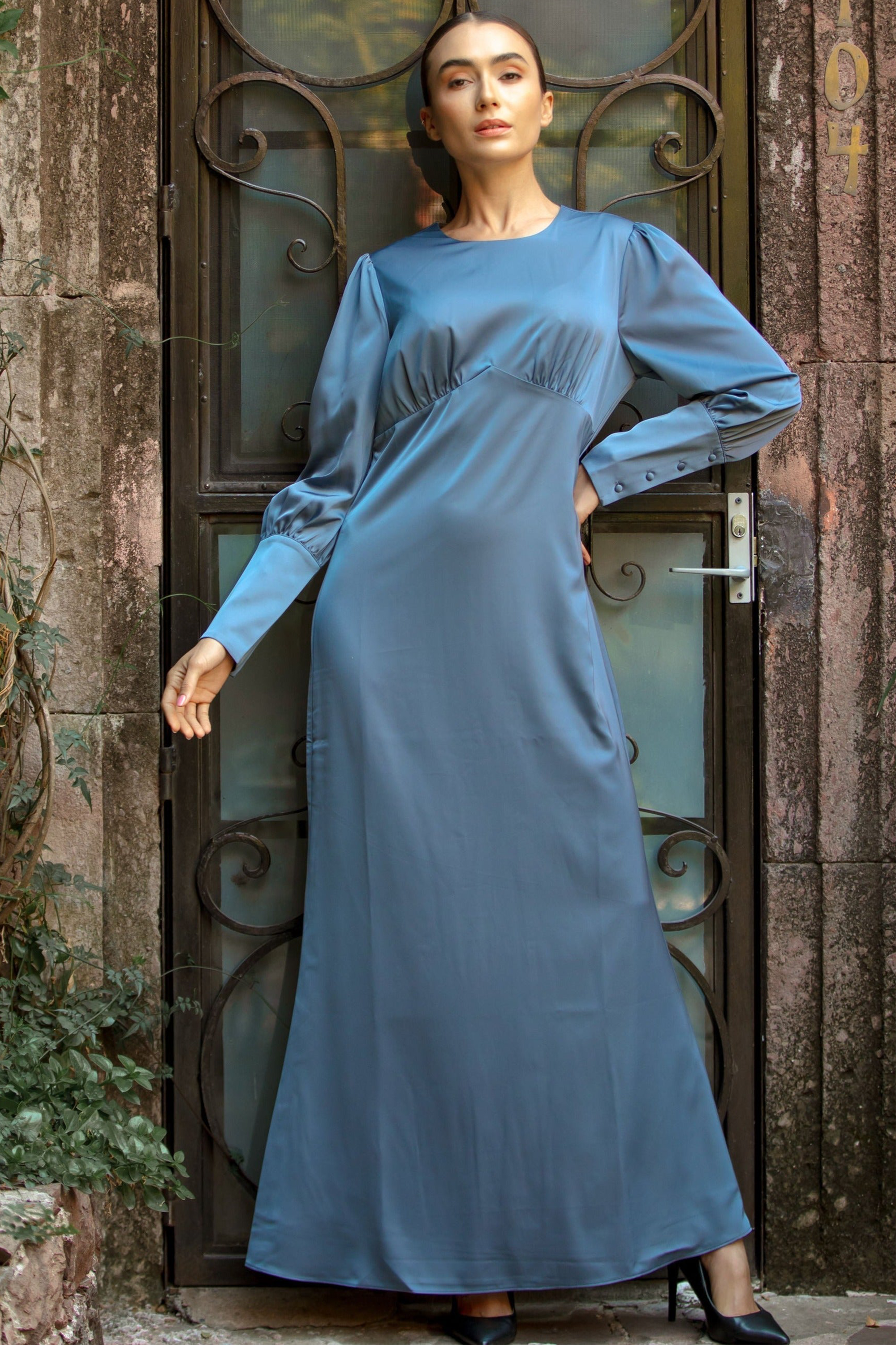 Light Blue Satin Long Sleeve Maxi Dress – Urban Modesty