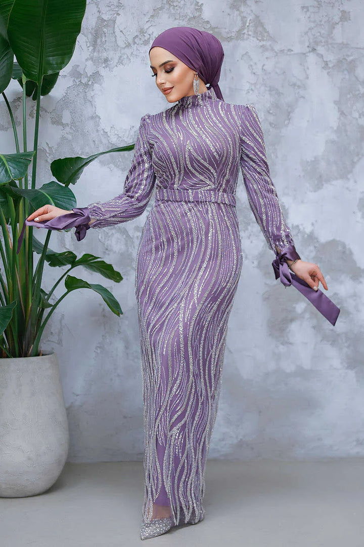 Lilac Beaded Gown from Urban Modesty with intricate detailing and crew neckline, exuding elegance and timeless style, full view