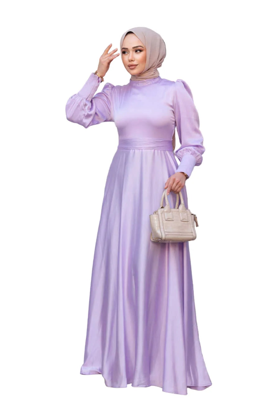 Lilac Satin Gown with fit and flare silhouette and crew neckline, worn by a model holding a handbag. Exclusive Made In Turkey Edition.