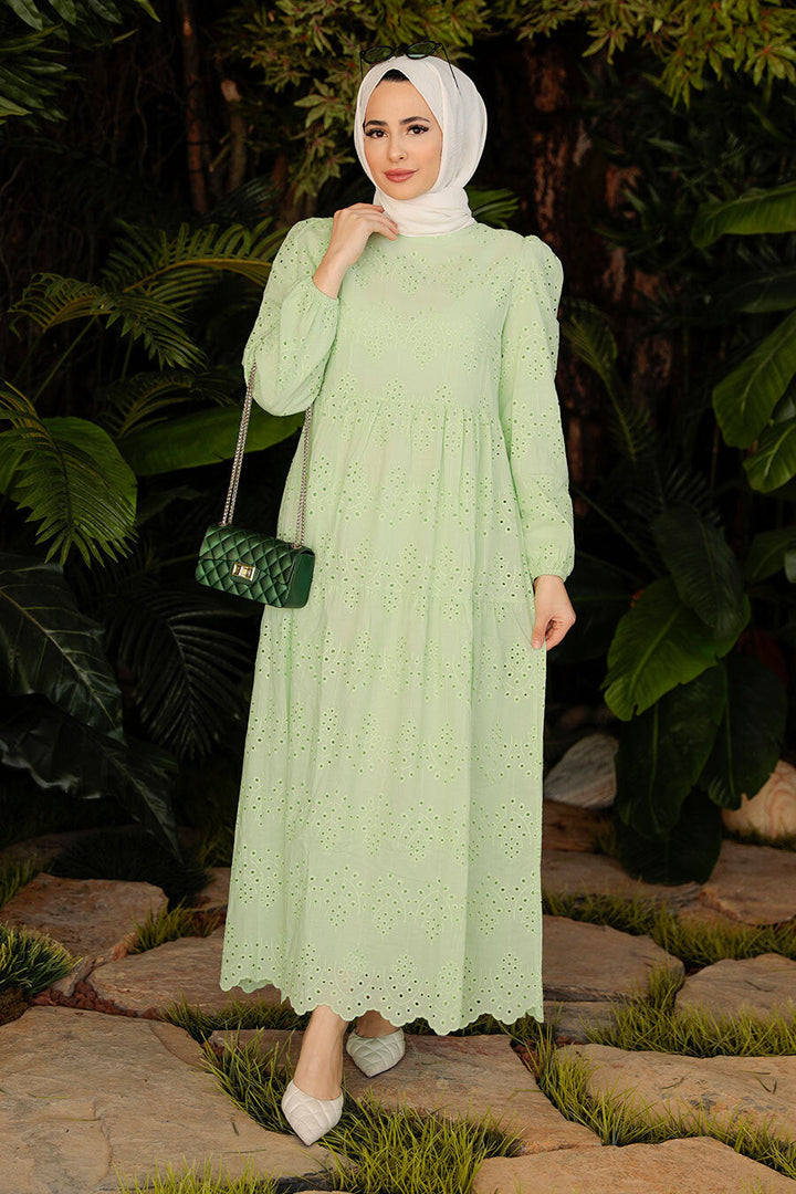 Lime Green Eyelet Long Sleeve Maxi Dress - Urban Modesty