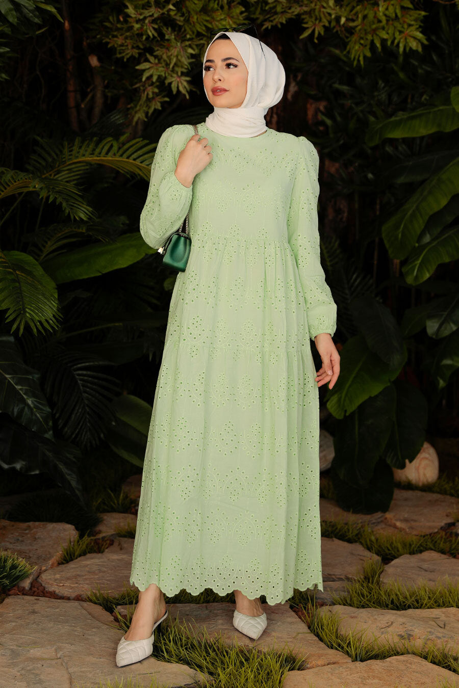 Lime Green Eyelet Long Sleeve Maxi Dress - Urban Modesty