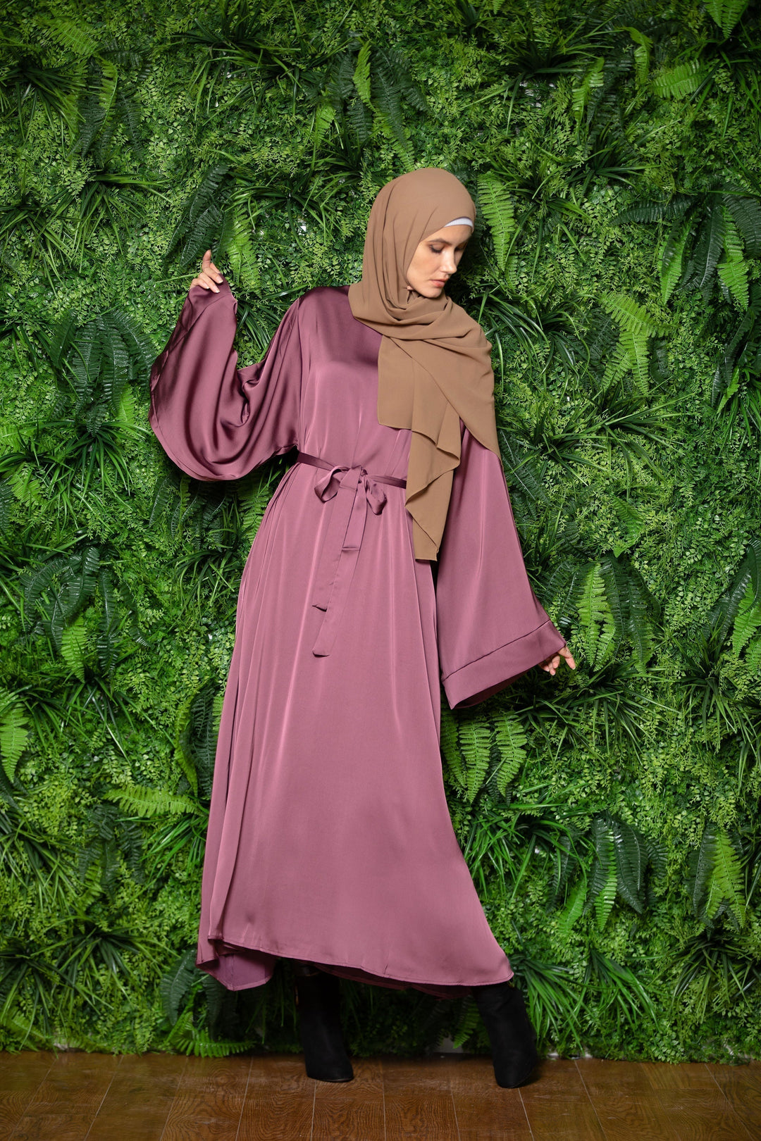 Magenta Satin Kimono Sleeves Maxi Abaya Dress-CLEARANCE - Urban Modesty