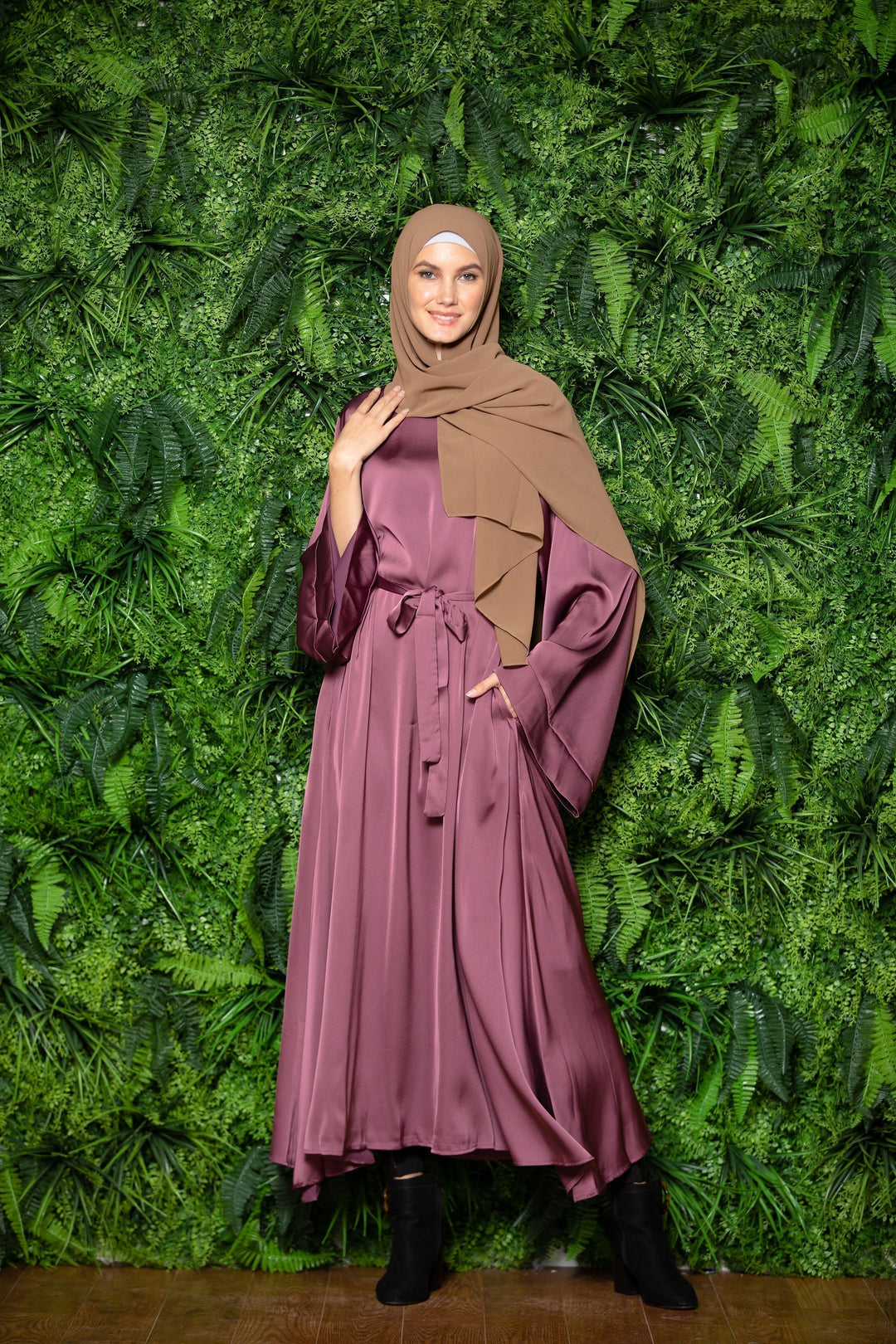 Magenta Satin Kimono Sleeves Maxi Abaya Dress-CLEARANCE - Urban Modesty