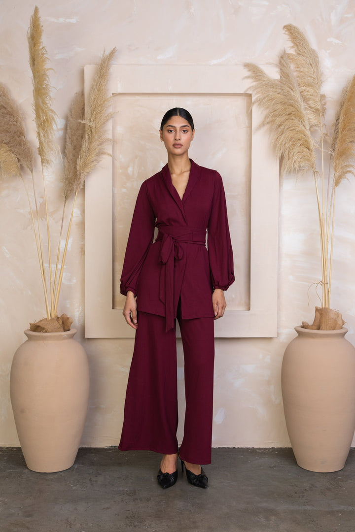 Maroon Belted Ribbed Tunic & Pants Set-PREORDER