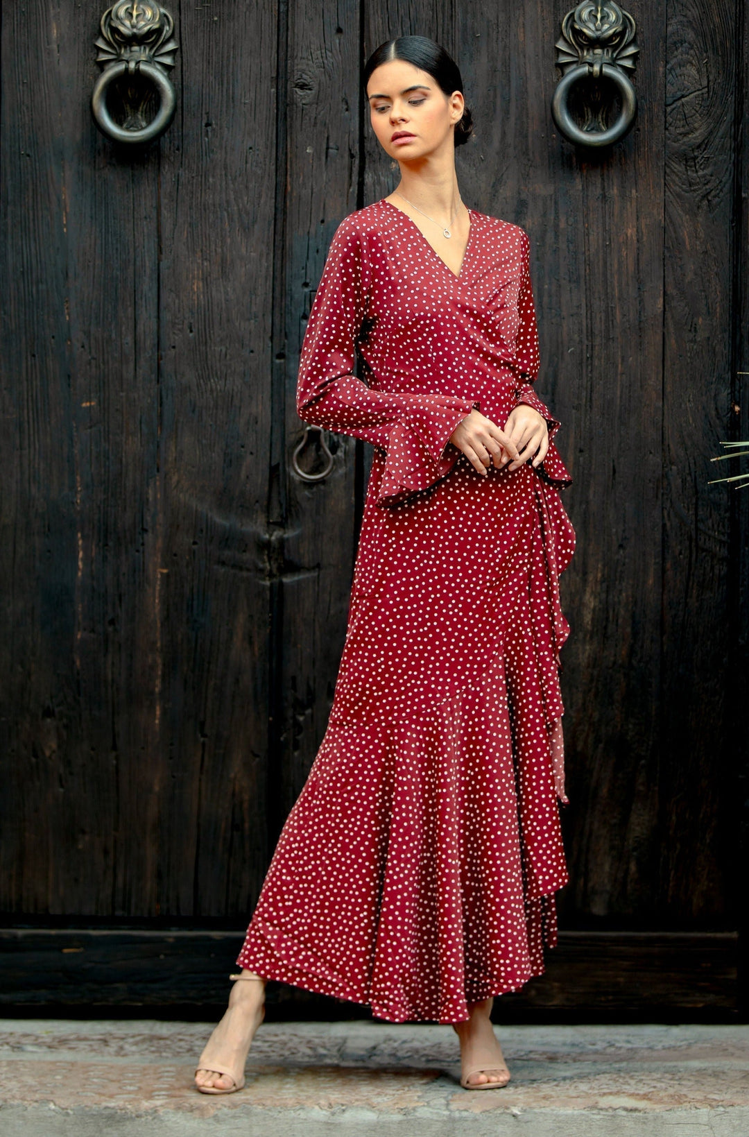 Maroon Dots Ruffle Wrap Maxi Dress-CLEARANCE