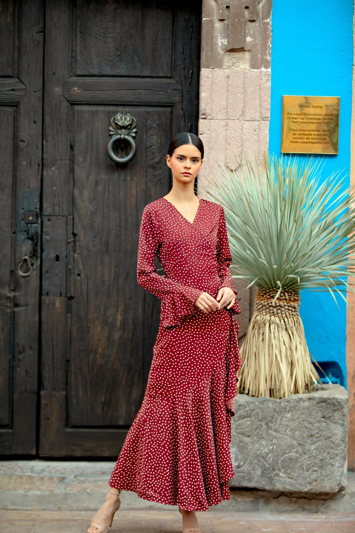 Maroon Dots Ruffle Wrap Maxi Dress-CLEARANCE