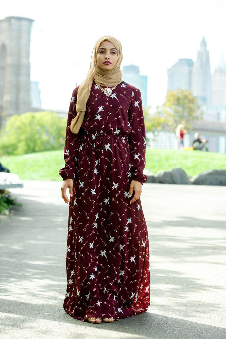 Maroon Floral Drawstring Maxi Dress - Urban Modesty