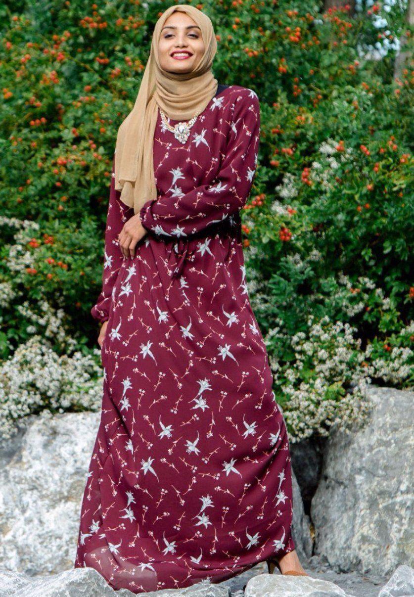 Maroon Floral Drawstring Maxi Dress - Urban Modesty