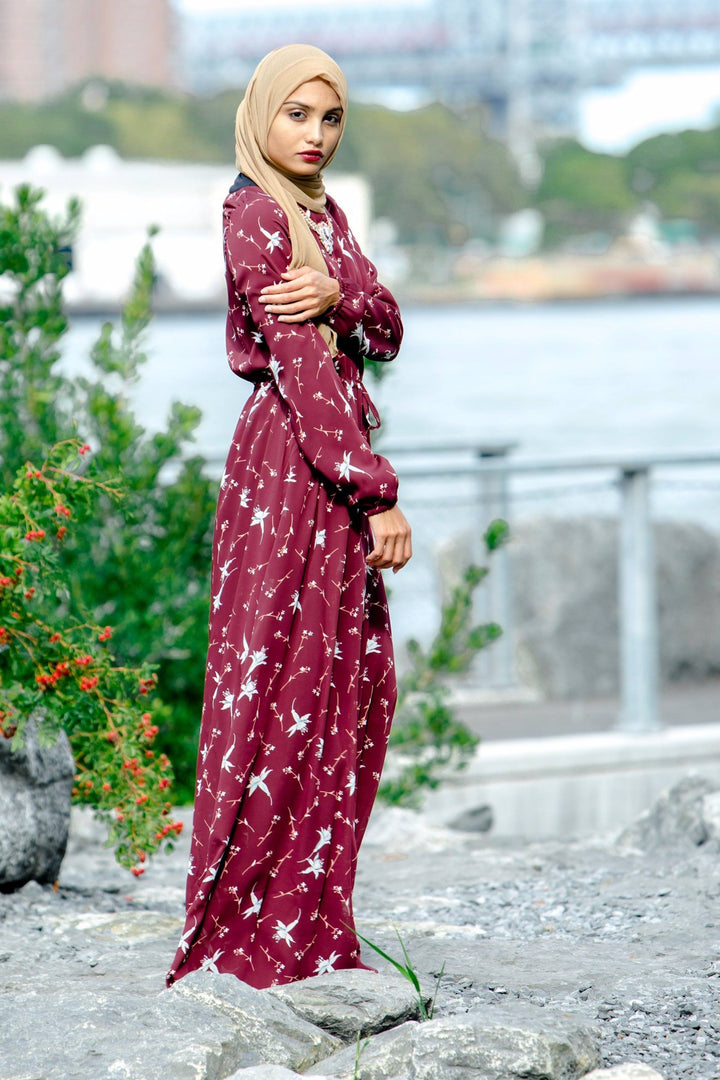 Maroon Floral Drawstring Maxi Dress - Urban Modesty