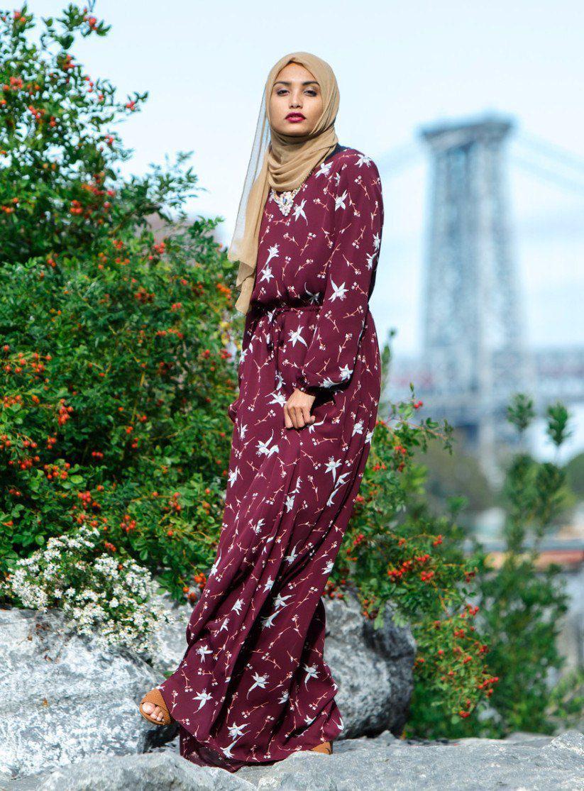 Maroon Floral Drawstring Maxi Dress - Urban Modesty