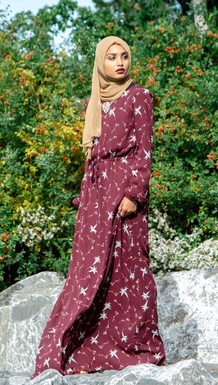 Maroon Floral Drawstring Maxi Dress - Urban Modesty