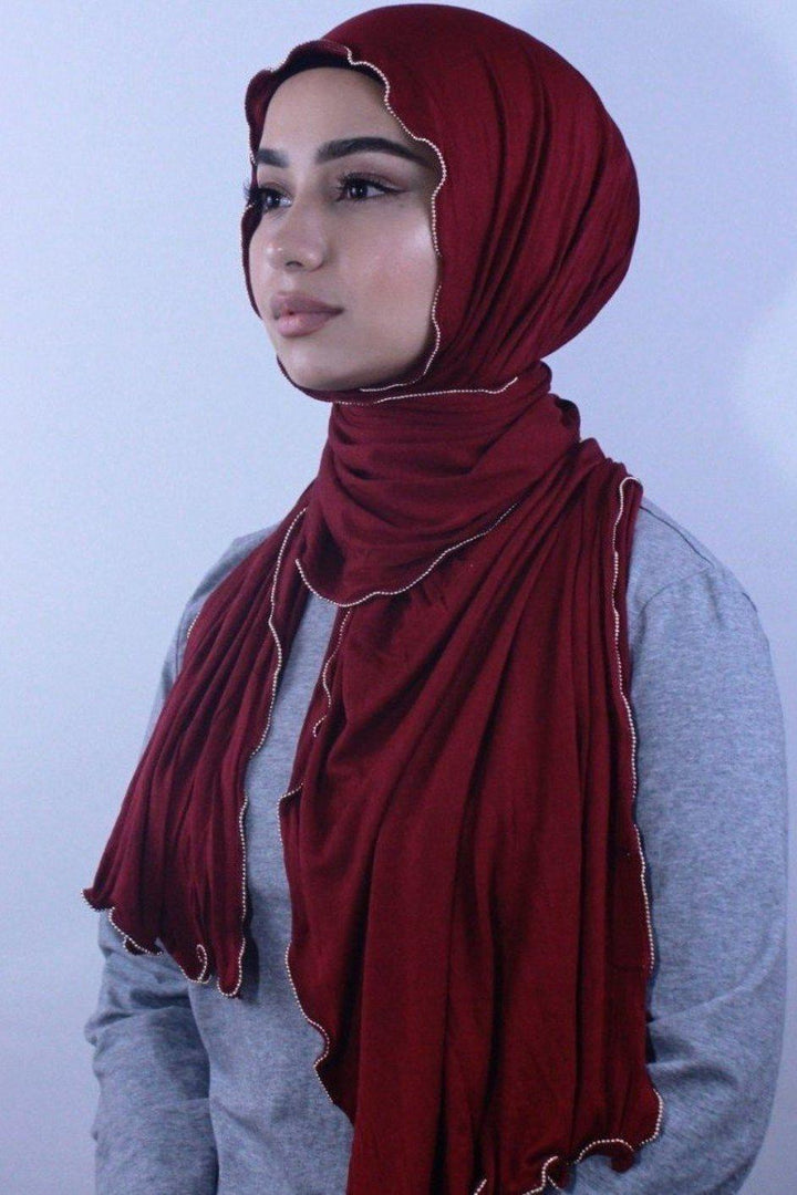 Maroon Jersey Solid With Beaded Trim Hijab