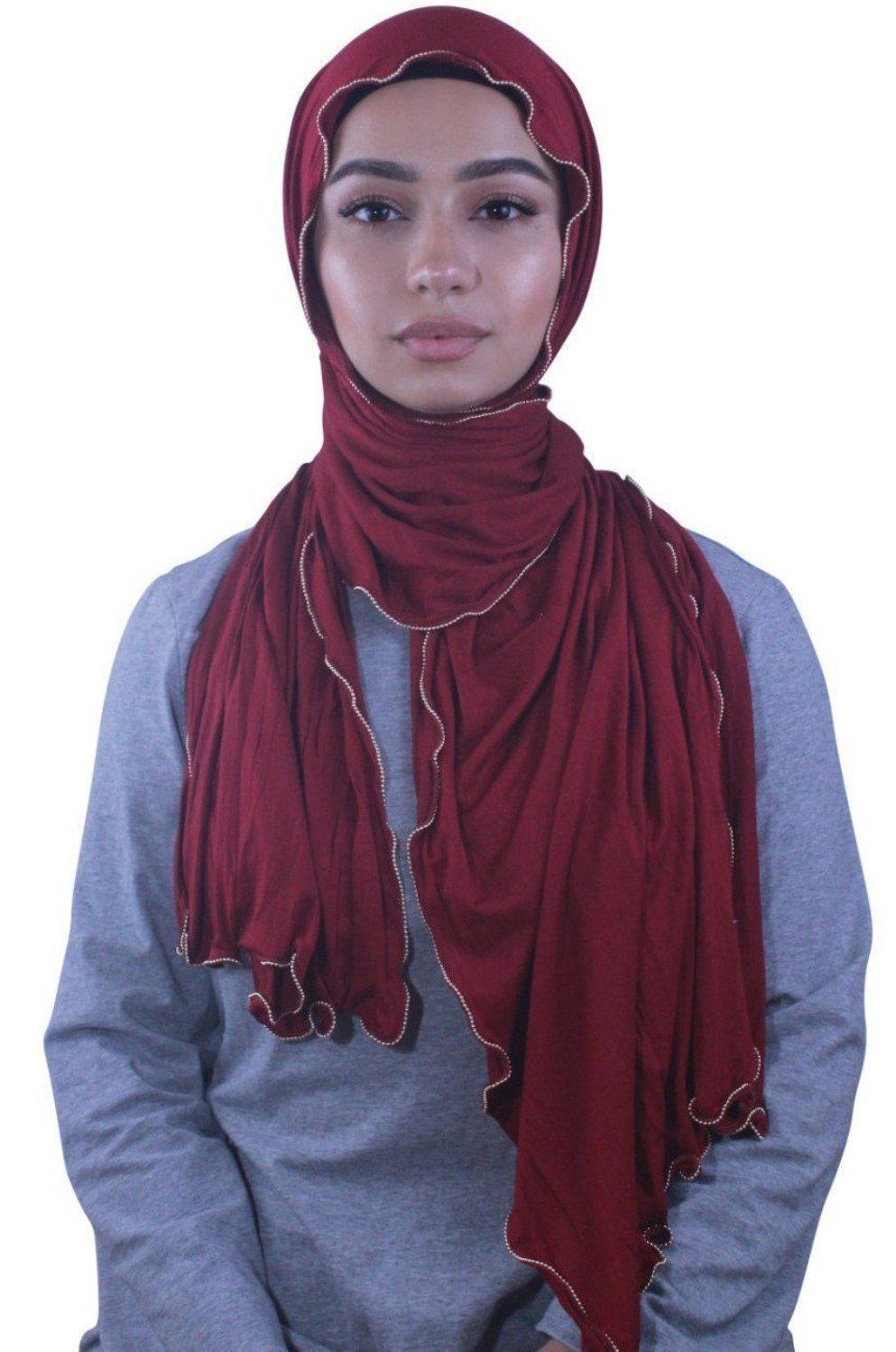 Maroon Jersey Solid With Beaded Trim Hijab