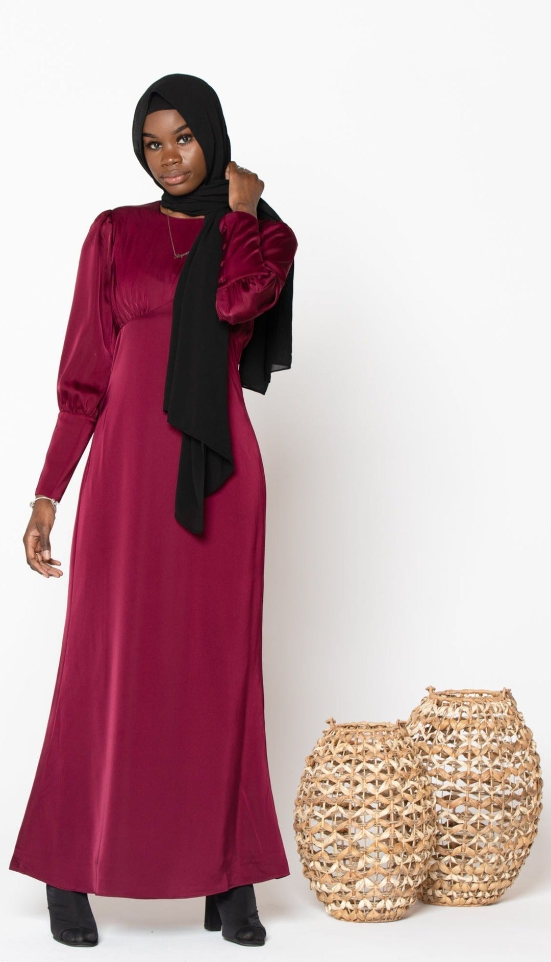 Maroon Satin Long Sleeve Maxi Dress