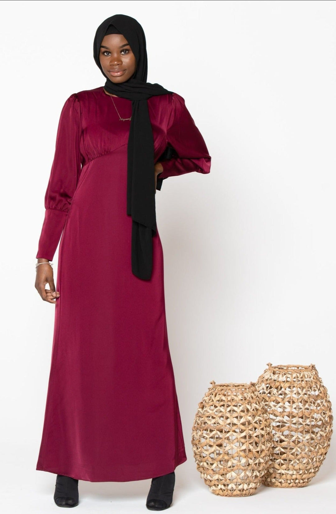 Maroon Satin Long Sleeve Maxi Dress