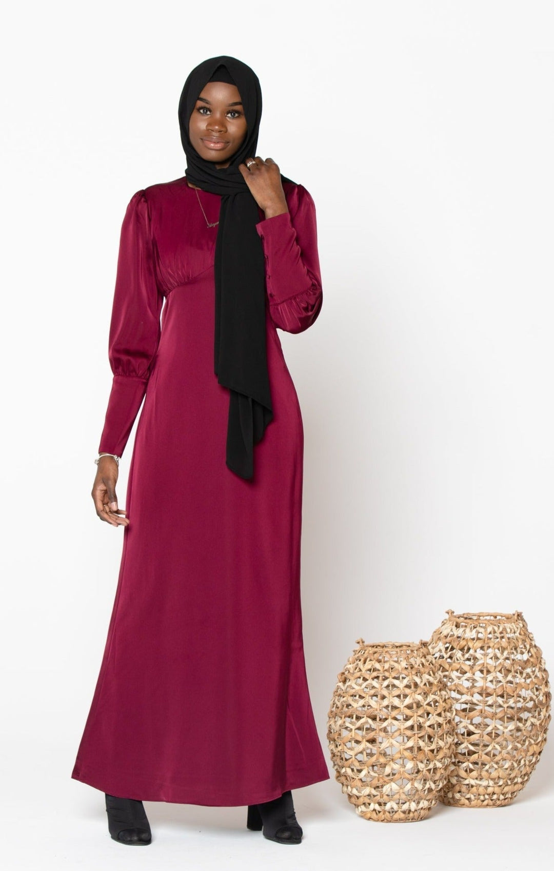 Maroon Satin Long Sleeve Maxi Dress