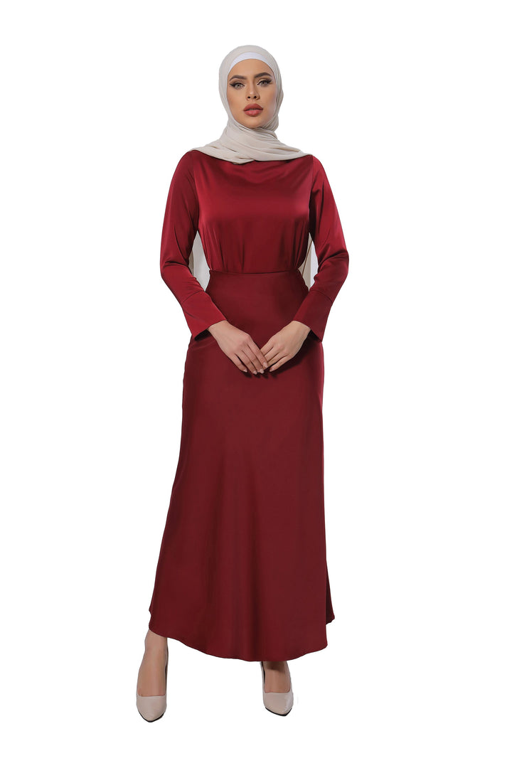 Maroon Satin Long Sleeve Skirt Set-PREORDER