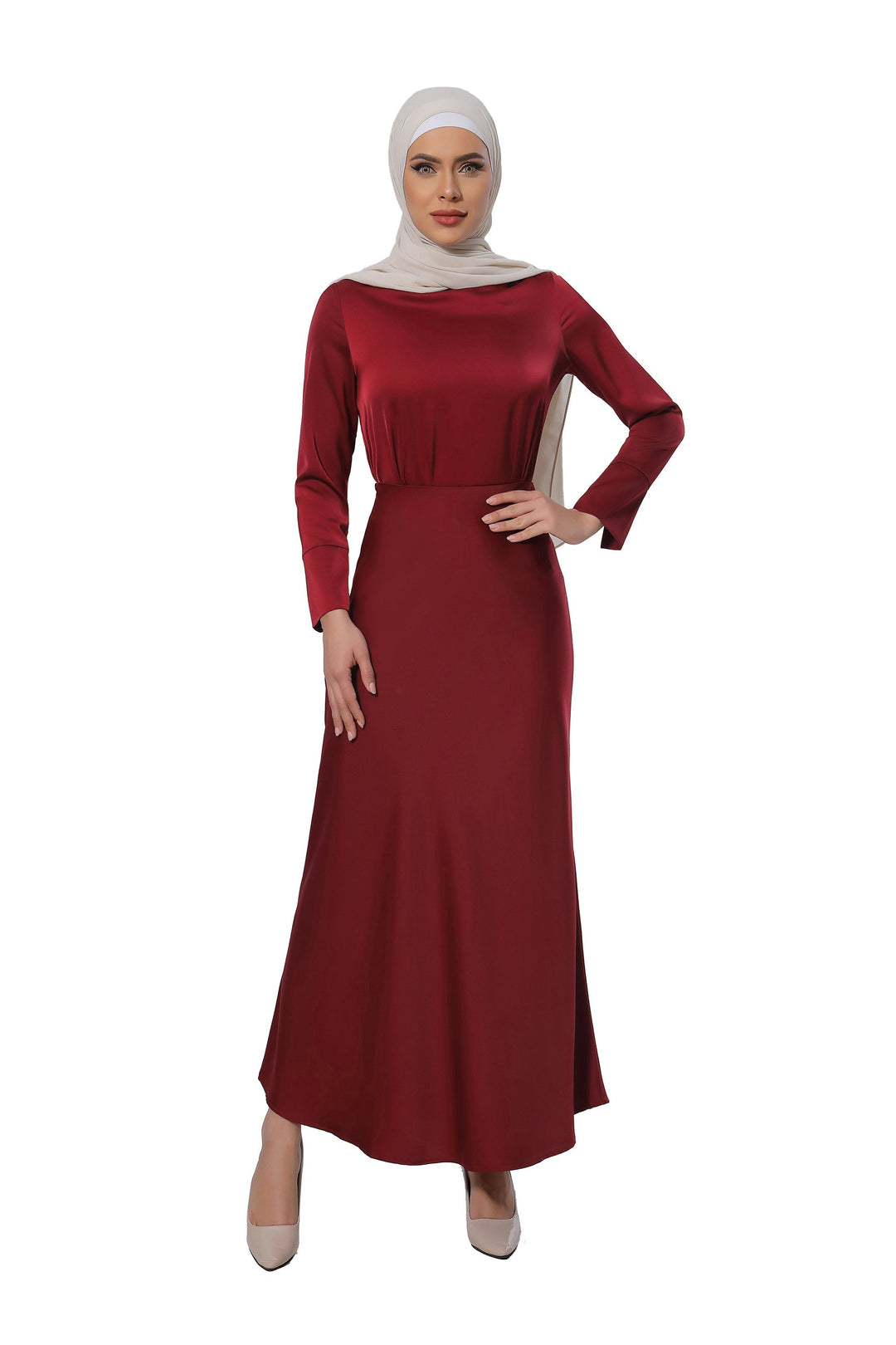 Maroon Satin Long Sleeve Skirt Set-PREORDER