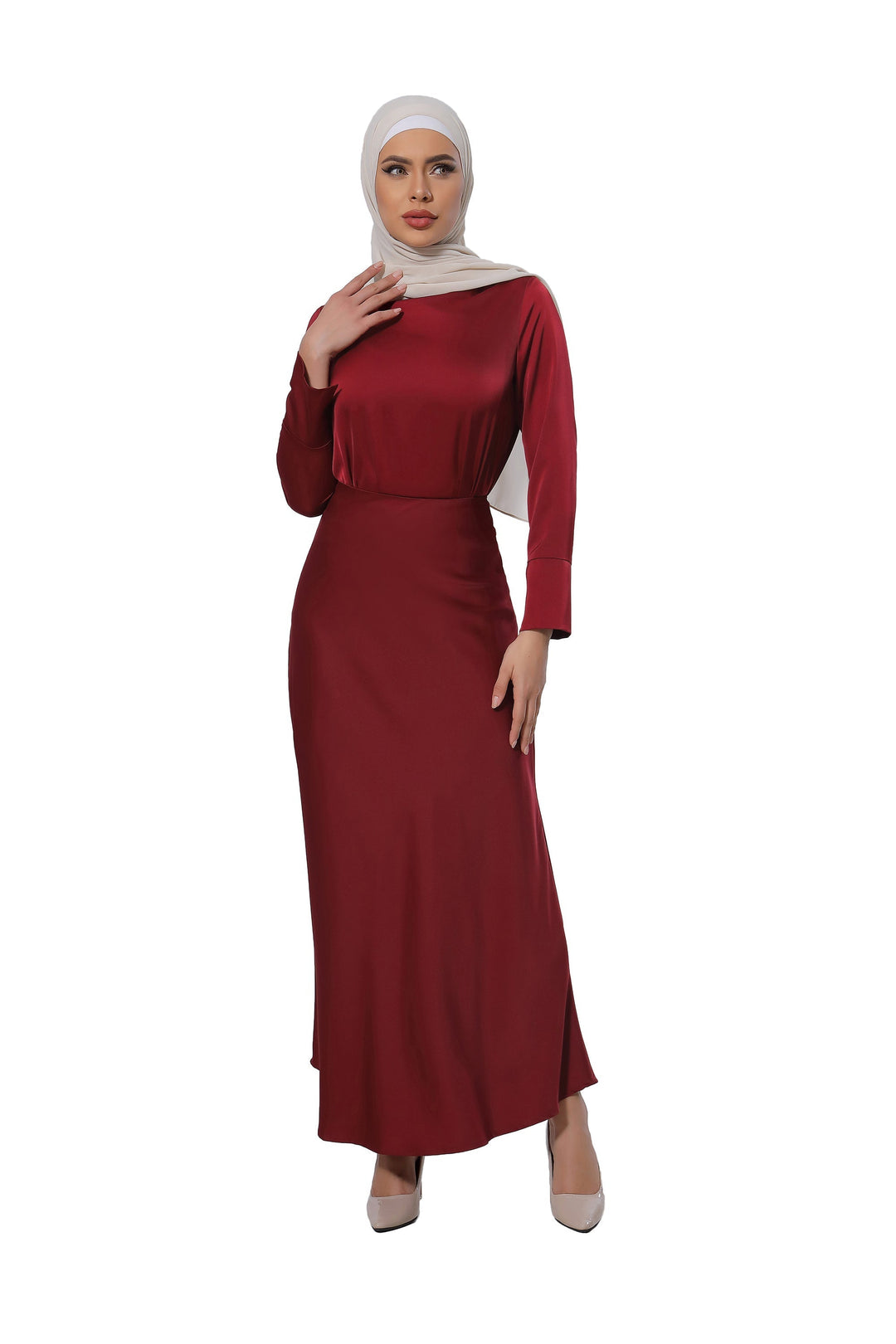 Maroon Satin Long Sleeve Skirt Set-PREORDER