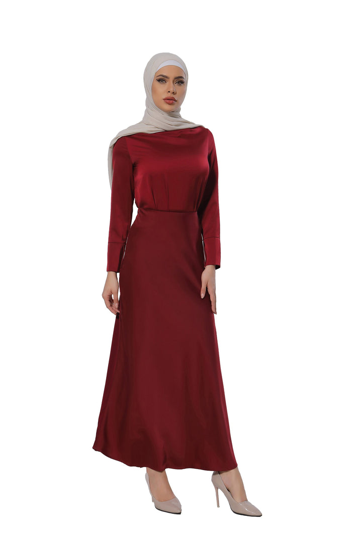 Maroon Satin Long Sleeve Skirt Set-PREORDER