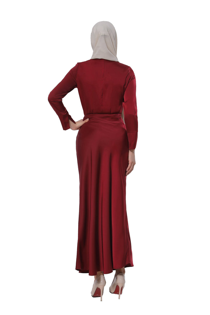 Maroon Satin Long Sleeve Skirt Set-PREORDER