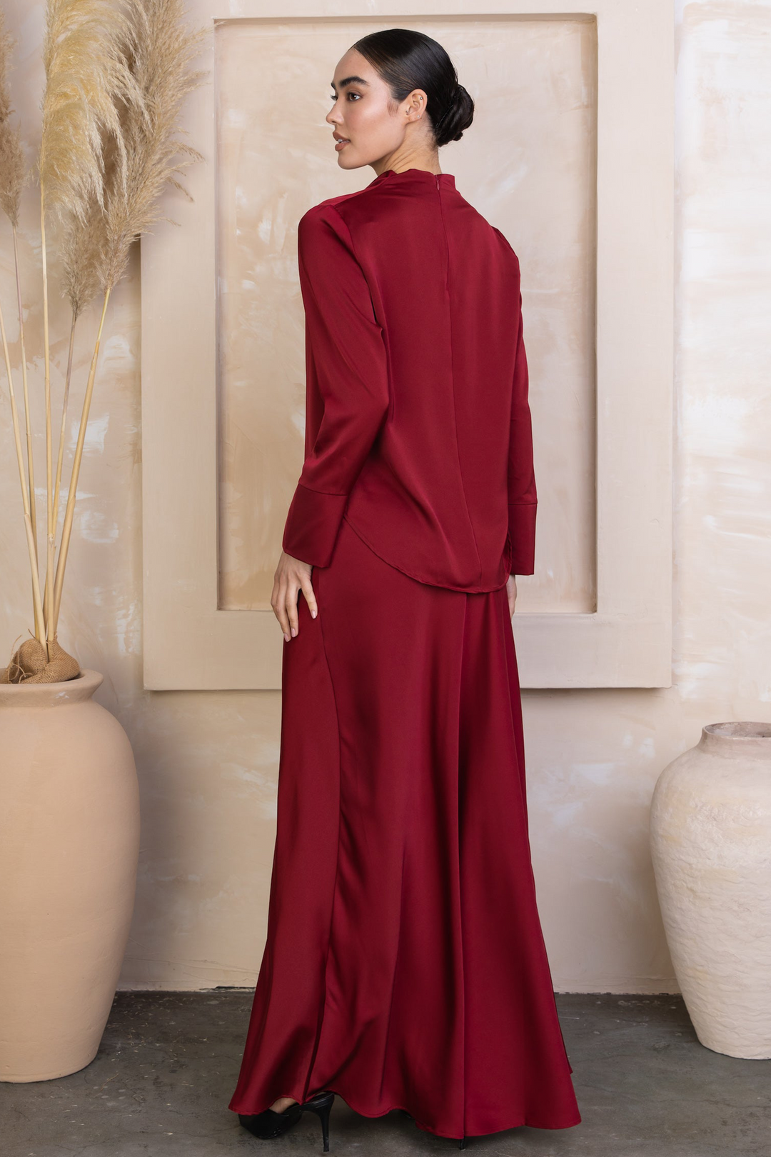 Maroon Satin Long Sleeve Skirt Set-PREORDER