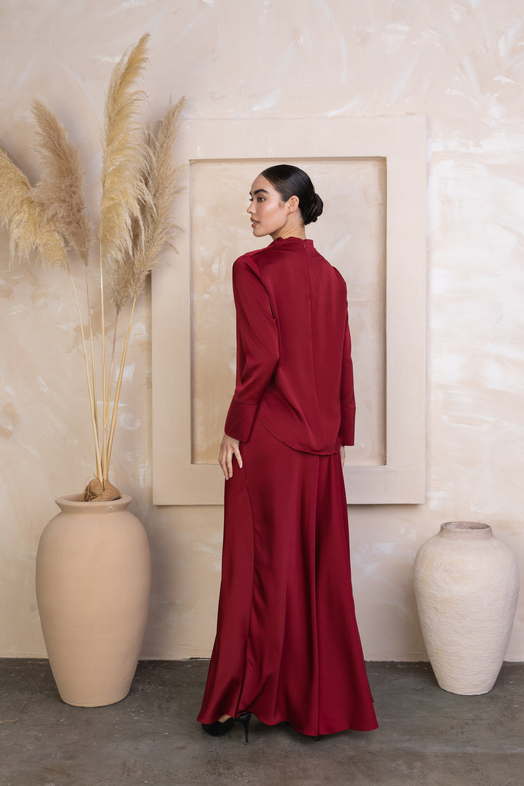 Maroon Satin Long Sleeve Skirt Set-PREORDER