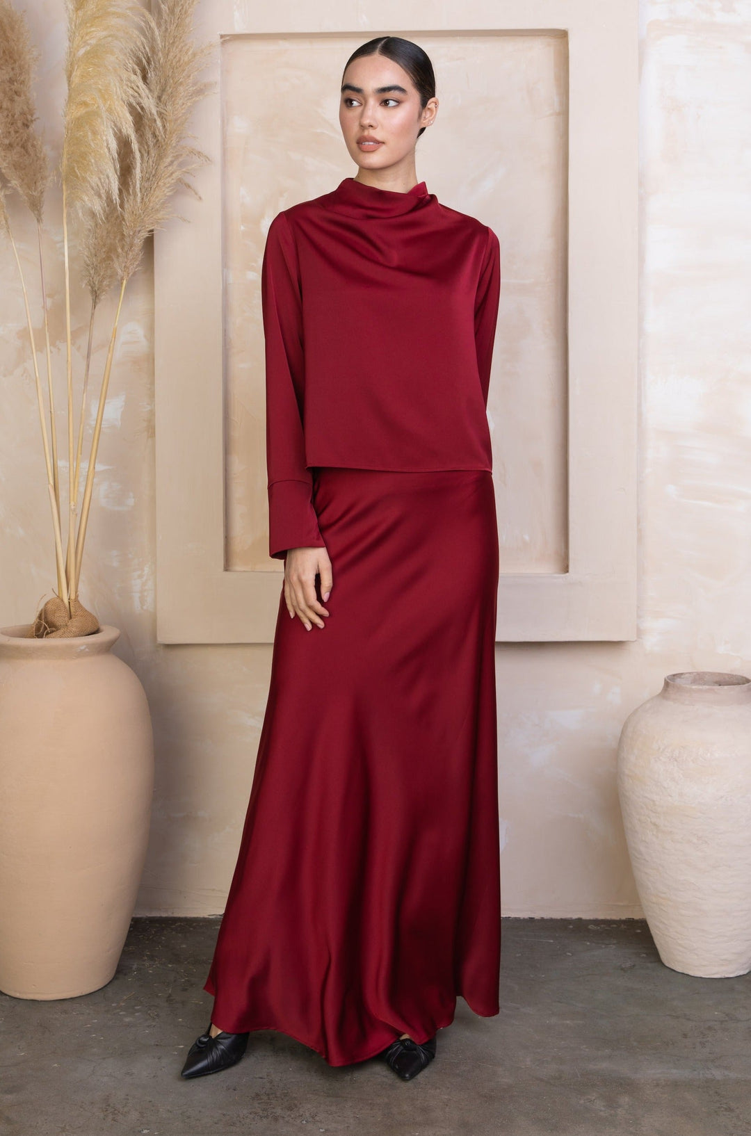 Maroon Satin Long Sleeve Skirt Set-PREORDER