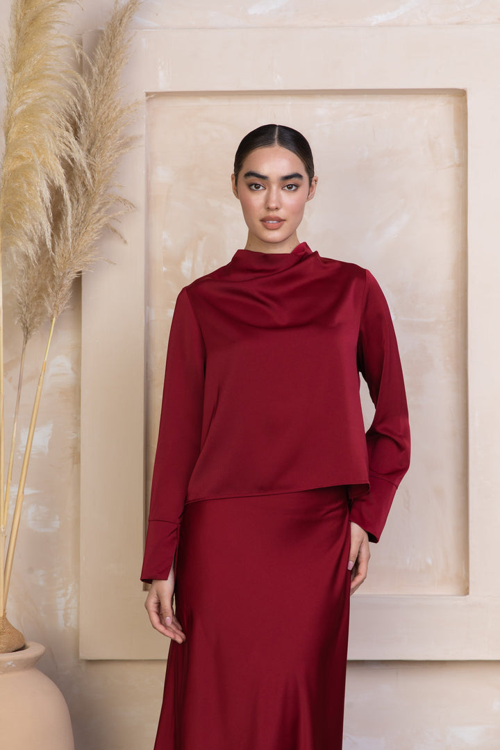 Maroon Satin Long Sleeve Skirt Set-PREORDER