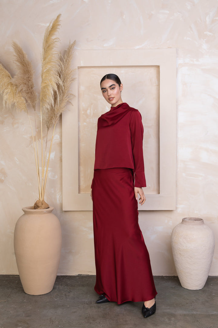 Maroon Satin Long Sleeve Skirt Set-PREORDER