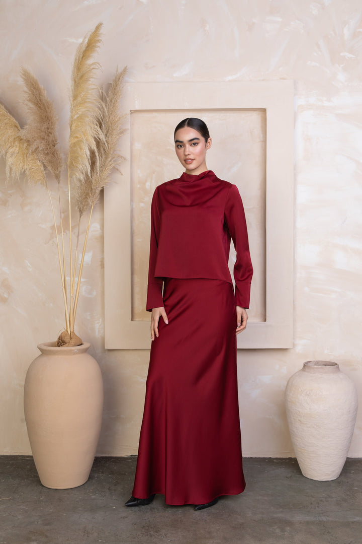 Maroon Satin Long Sleeve Skirt Set-PREORDER