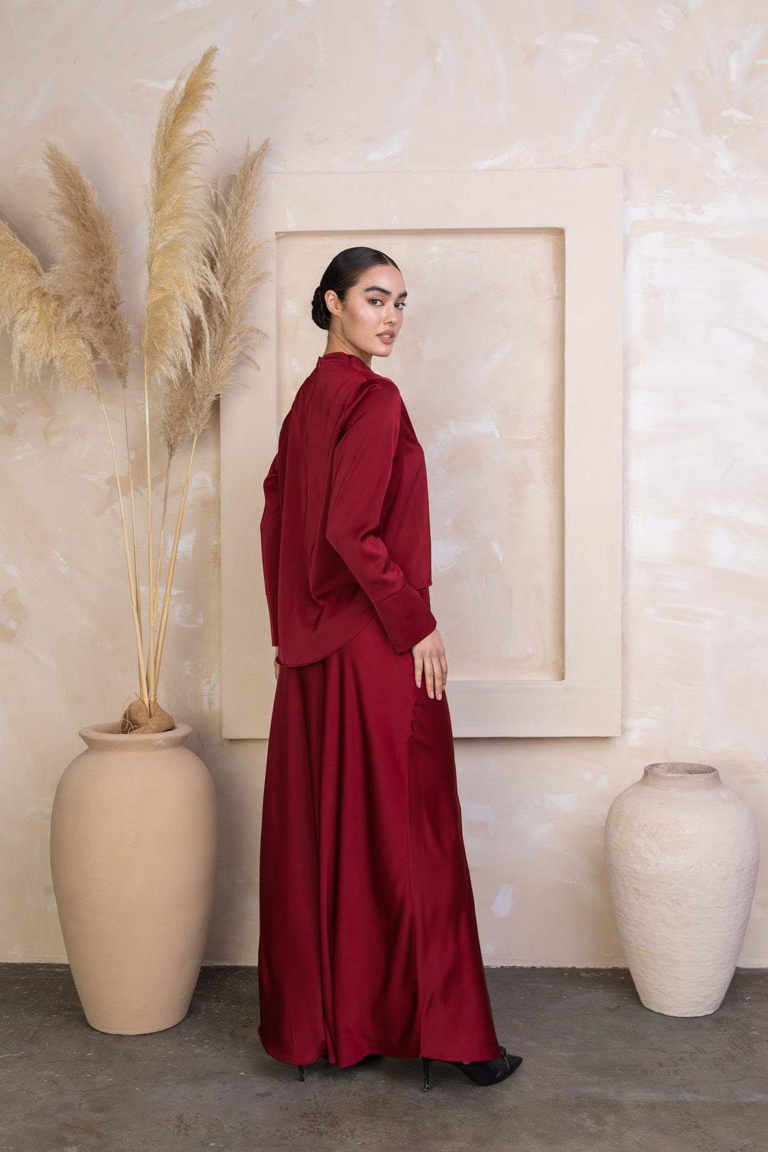 Maroon Satin Long Sleeve Skirt Set-PREORDER