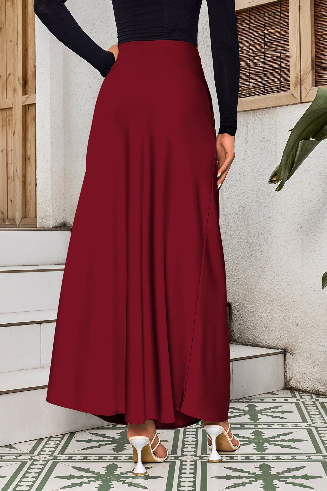 Maroon Satin Maxi Skirt