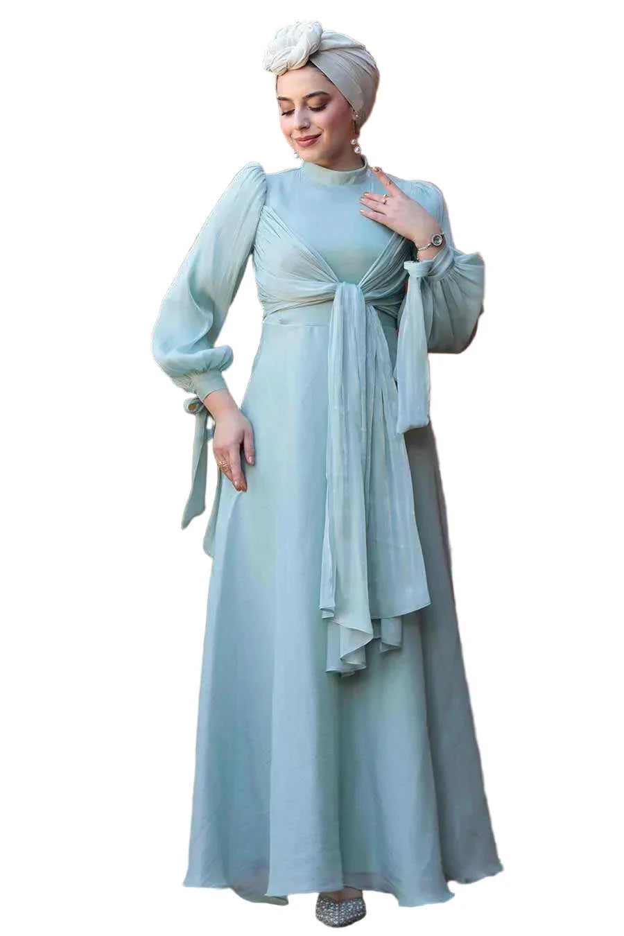 Mint Blue Organza Criss Cross Gown with elegant criss cross detail and fit and flare silhouette from Urban Modesty.