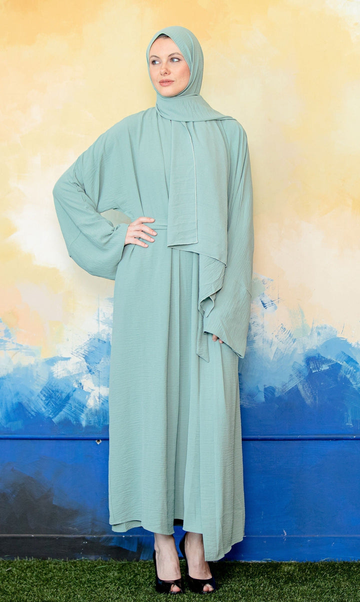Mint green modest dress with hijab in Four Piece Open Abaya Set