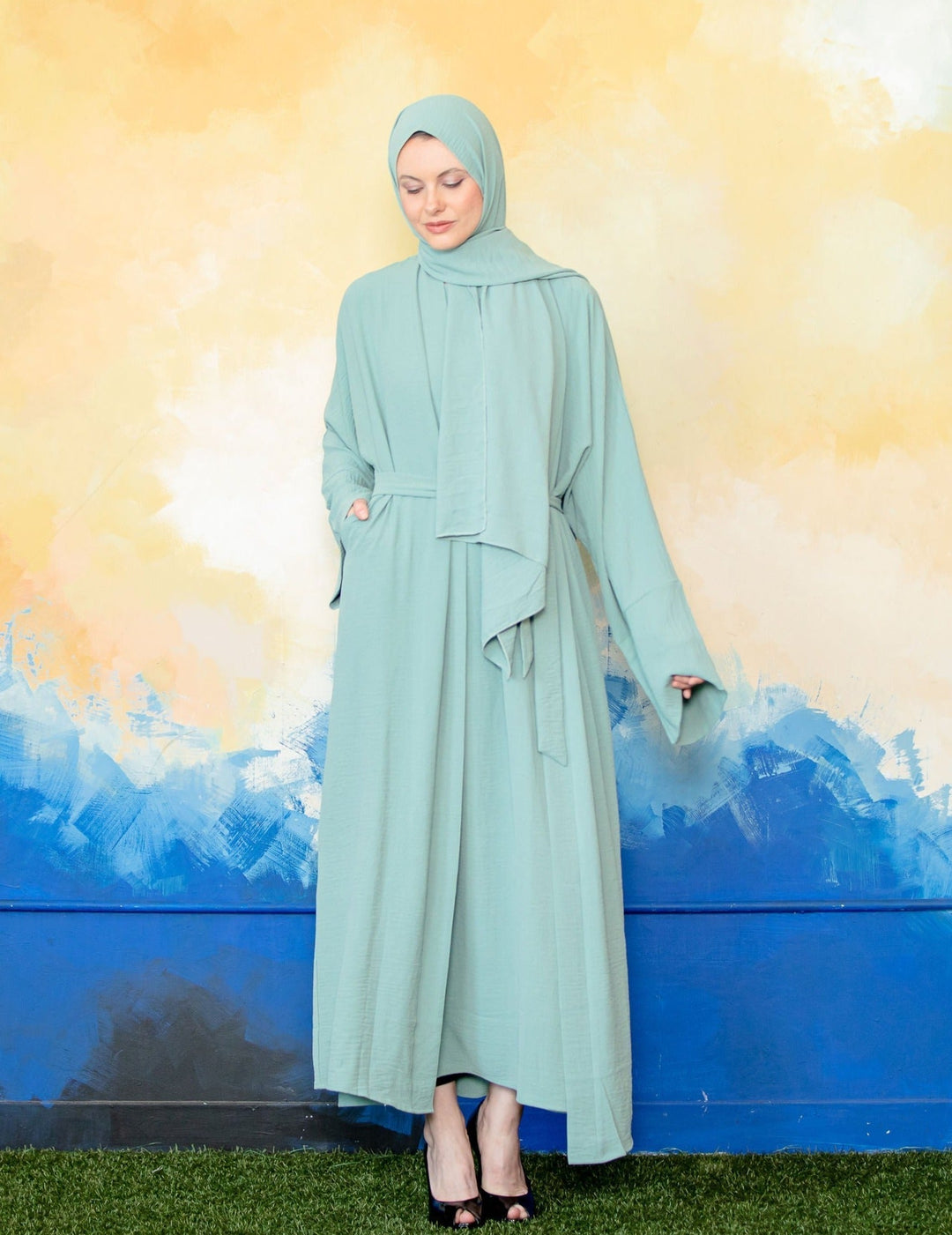 Mint green modest dress with hijab in Four Piece Open Abaya Set