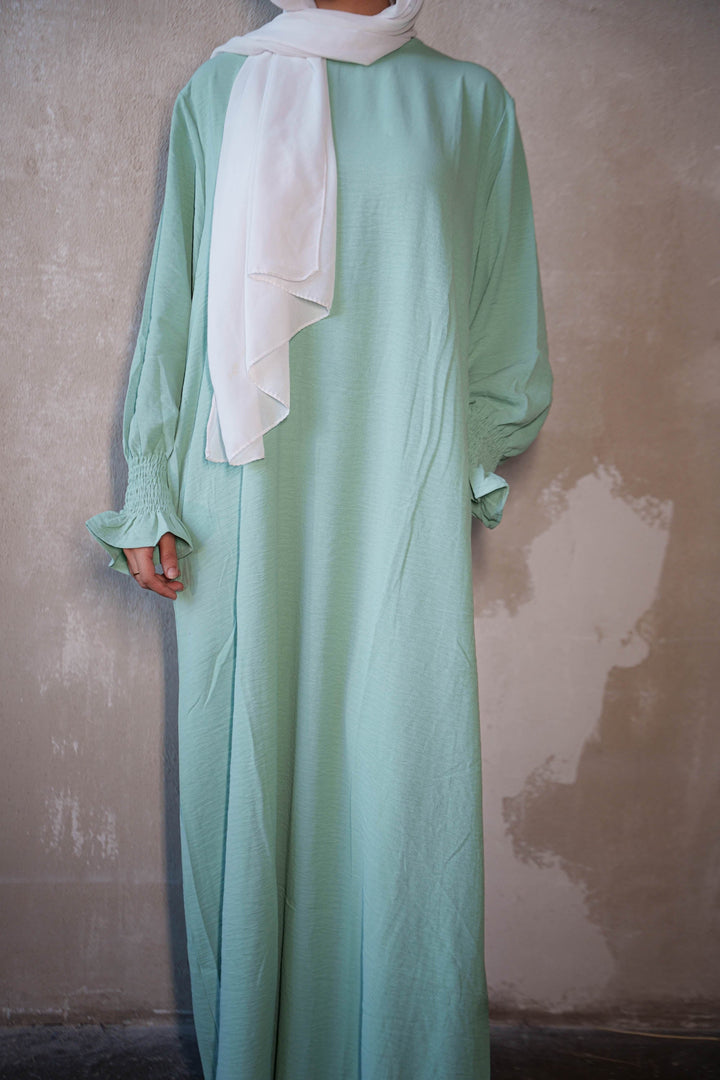 Mint Ruched Cuff Bell Sleeves Abaya Maxi Dress