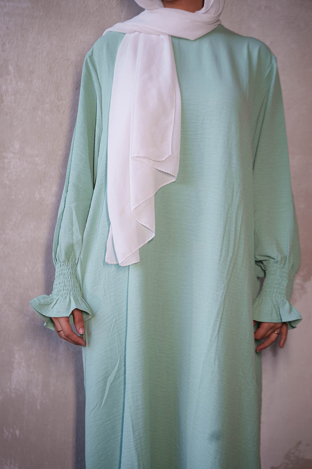 Mint Ruched Cuff Bell Sleeves Abaya Maxi Dress