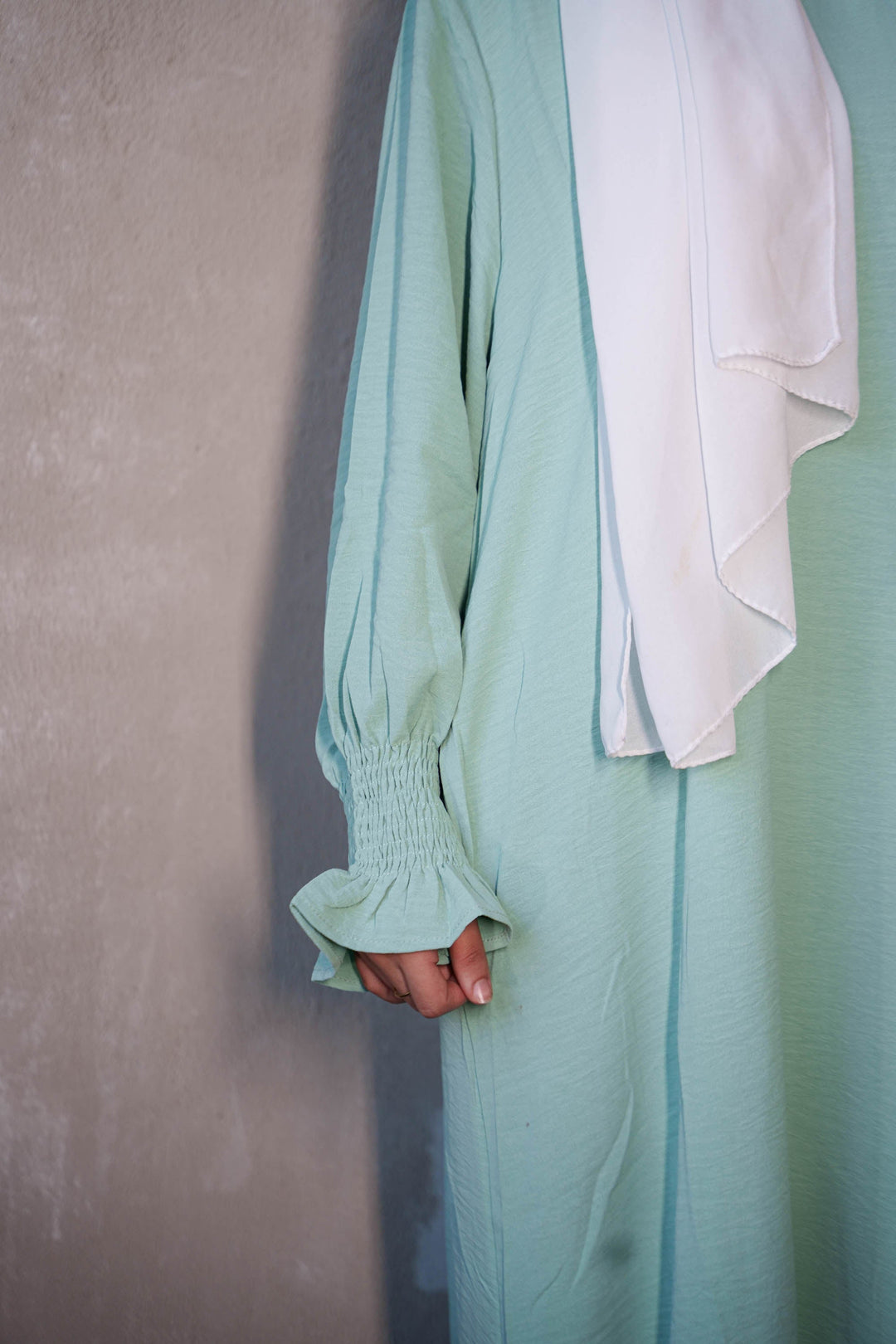 Mint Ruched Cuff Bell Sleeves Abaya Maxi Dress