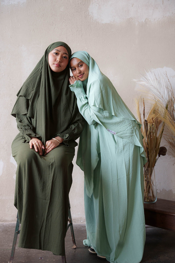 Mint Ruched Cuff Bell Sleeves Abaya Maxi Dress