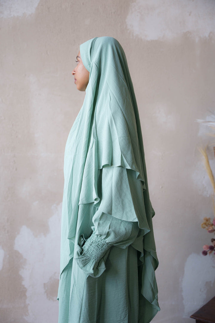 Mint Ruched Cuff Bell Sleeves Abaya Maxi Dress