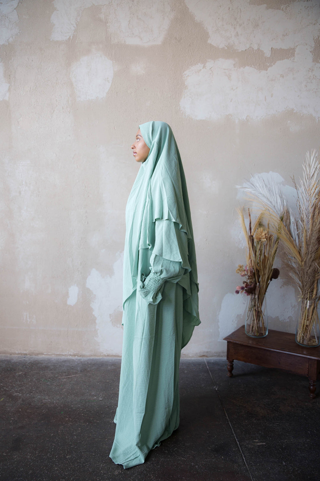 Mint Ruched Cuff Bell Sleeves Abaya Maxi Dress