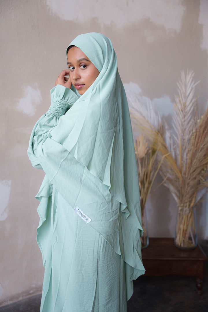 Mint Ruched Cuff Bell Sleeves Abaya Maxi Dress