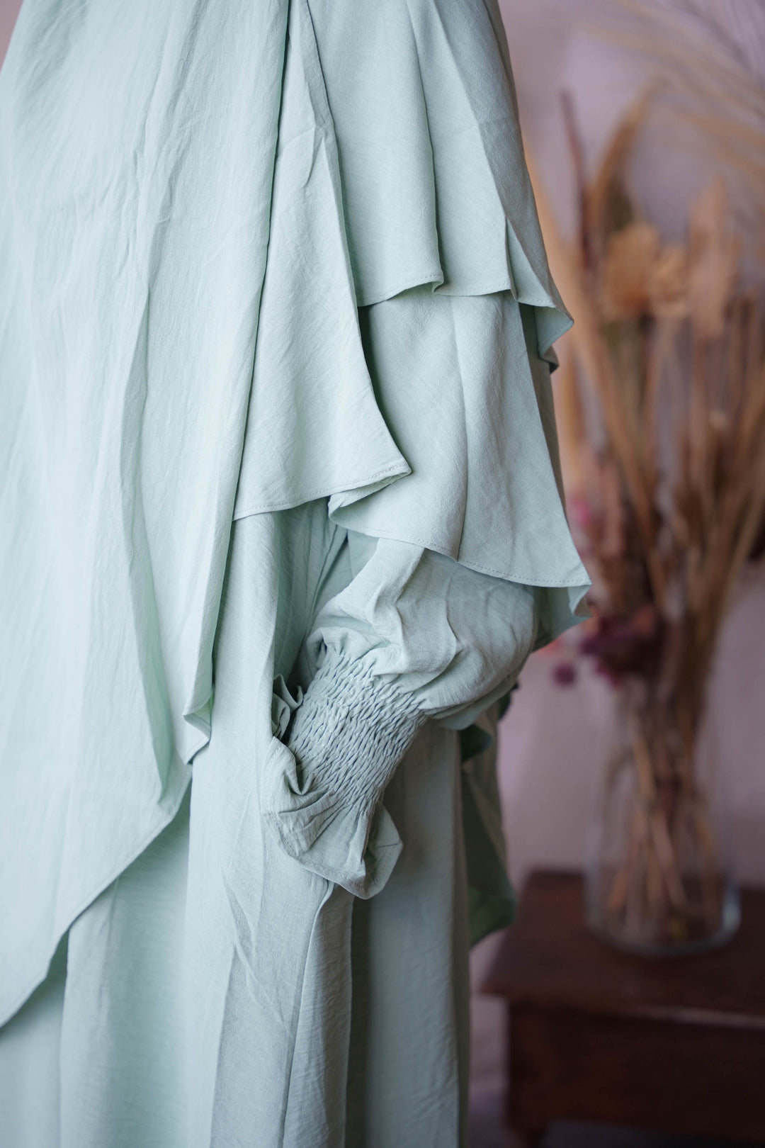 Mint Ruched Cuff Bell Sleeves Abaya Maxi Dress