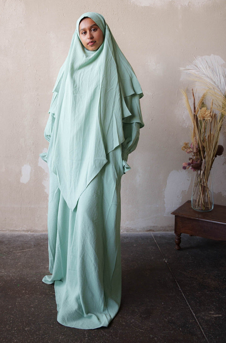 Mint Ruched Cuff Bell Sleeves Abaya Maxi Dress