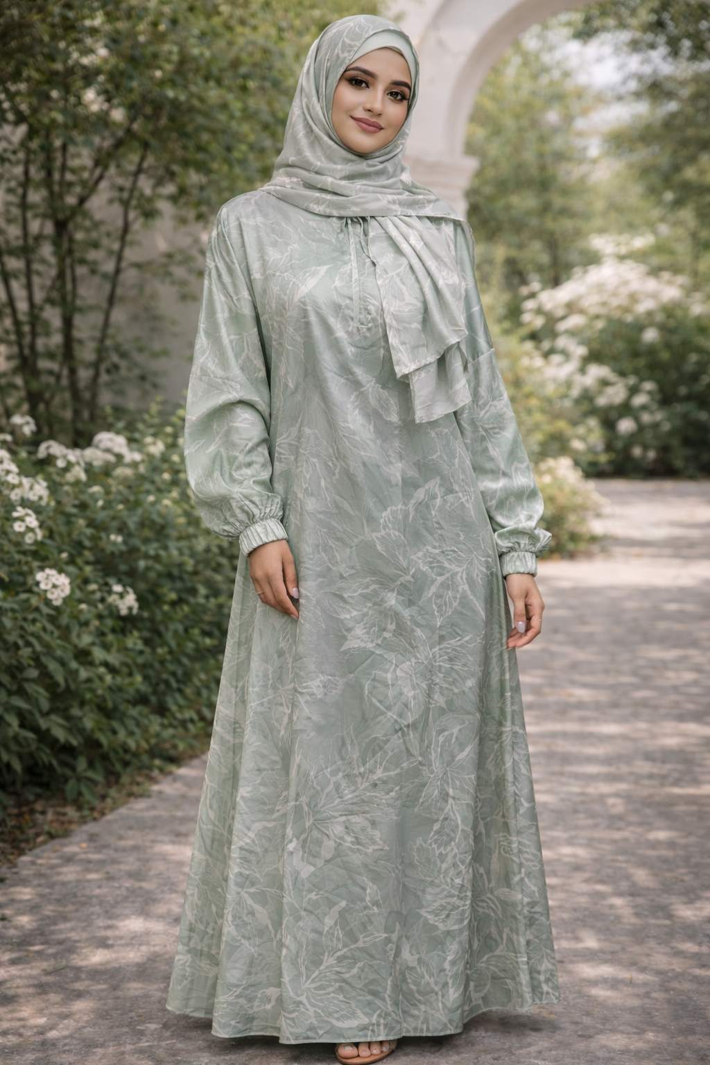 Woman wearing Mint Vines One Piece Salah Prayer Outfit in a garden, perfect for Hajj or Umrah.