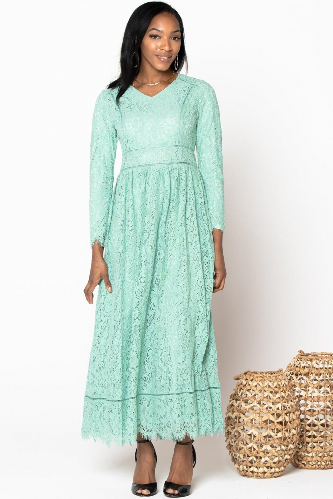 Mint Zahra Lace Long Sleeve Maxi Gown