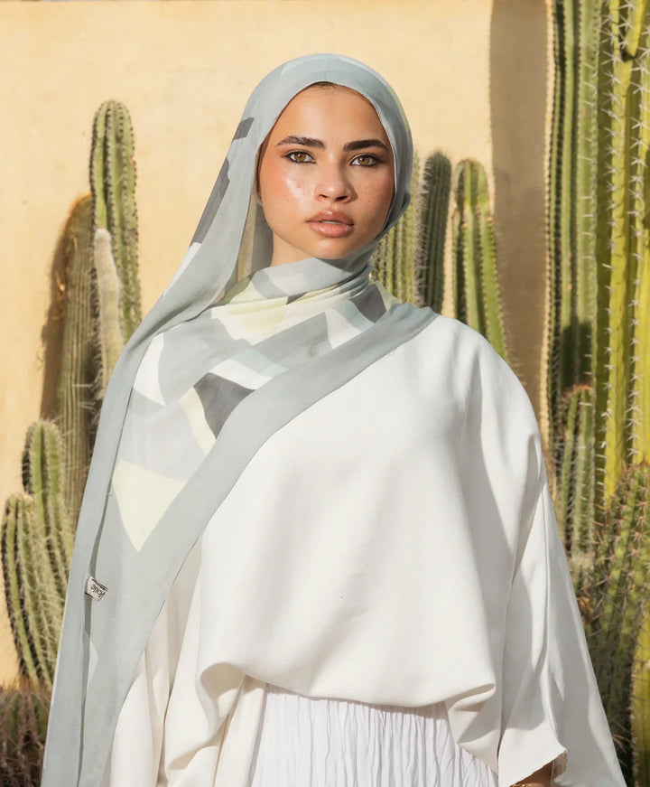 Mosaic Modal Hijab in premium modal cotton fabric, ethically made in Egypt, 85 cm x 180 cm, opaque, rectangle shape.